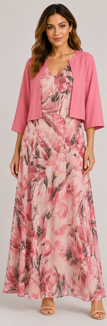Women’s Elegant Occasion Maxi Dress - Floral Dress with Cropped Cardigan Set