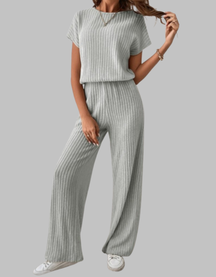 Ribbed Short Sleeve Wide-Leg Pants Set