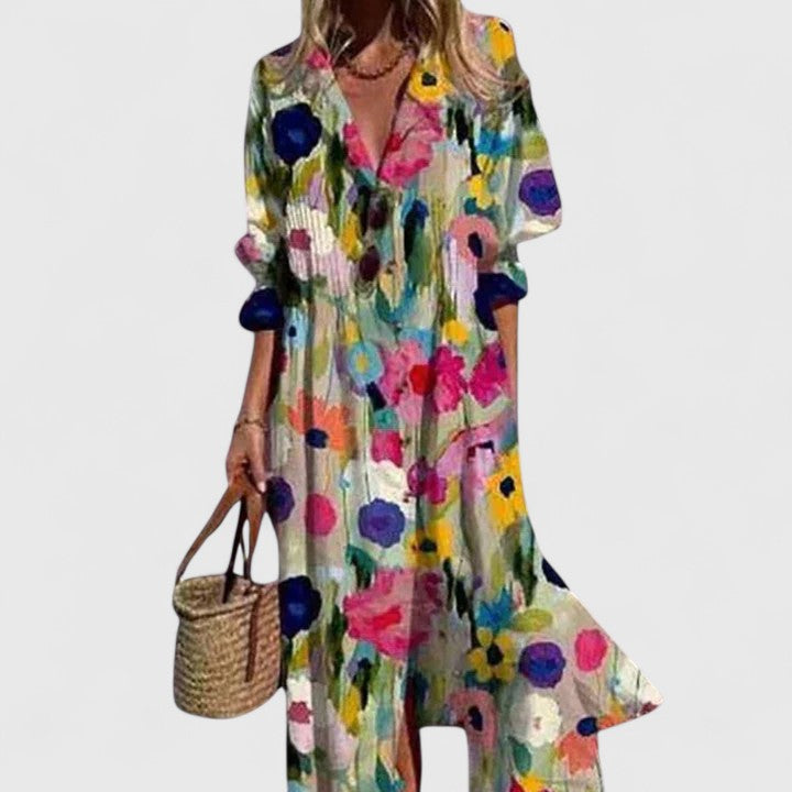 Abito Maxi Boho Svasato con Linea Fluttuante