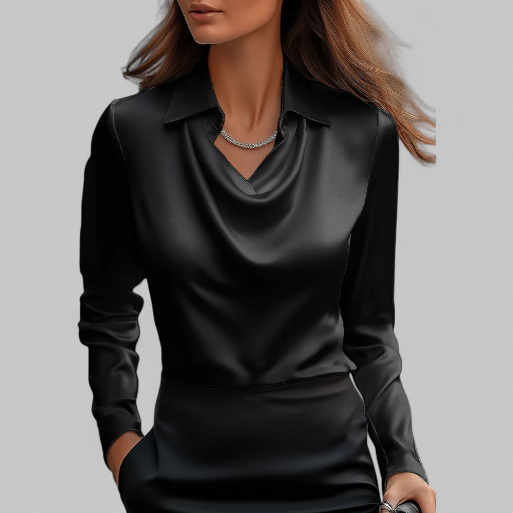 Satin Blouse with Draped Neckline and Long Sleeves