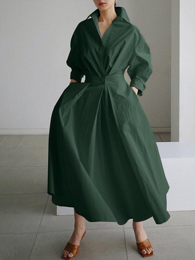 Vestido largo formal de mujer con cinturón y cuello tipo camisa para eventos especiales