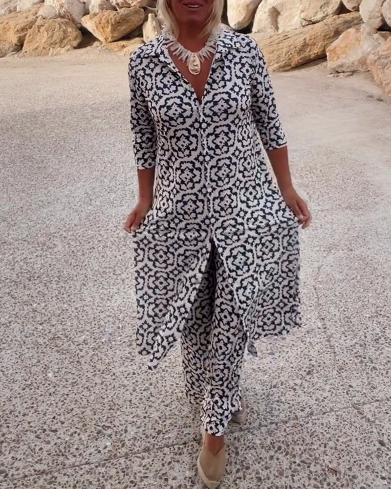 Conjunto de camisa larga estampada y pantalones rectos