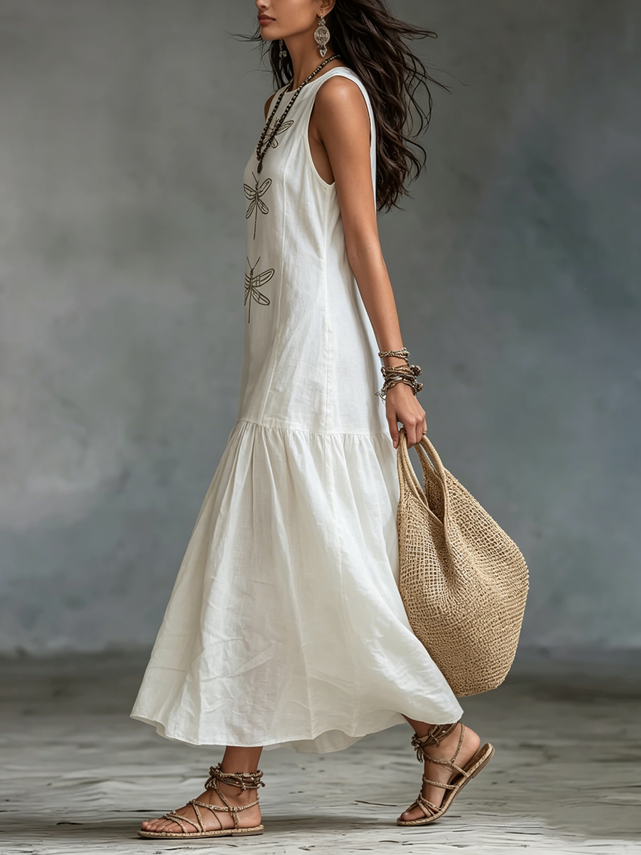 Vestido maxi sin mangas de algodón y lino