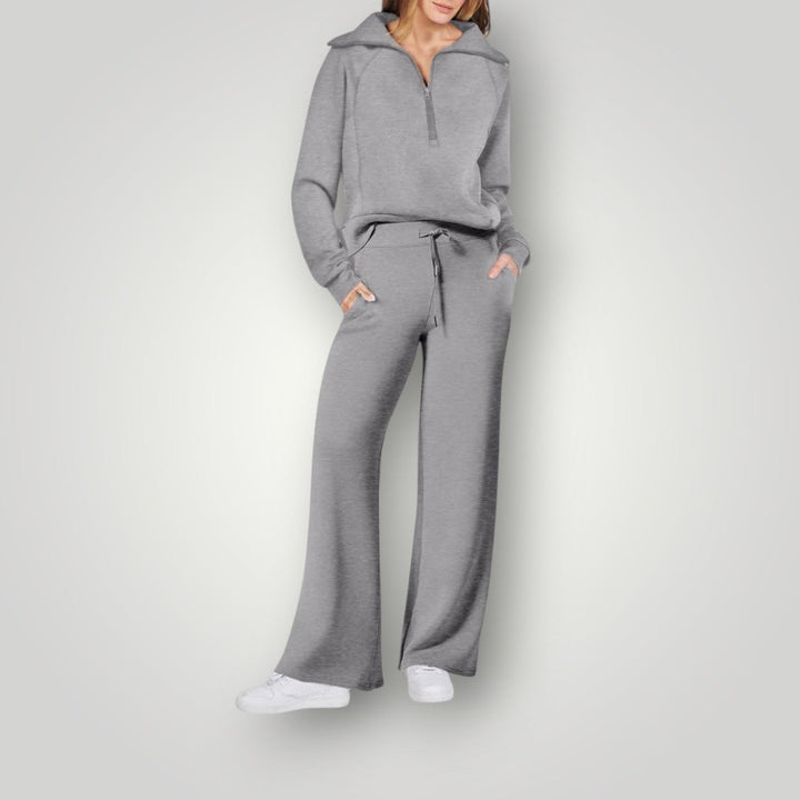 Conjunto de sudadera con media cremallera y pantalones de pierna ancha