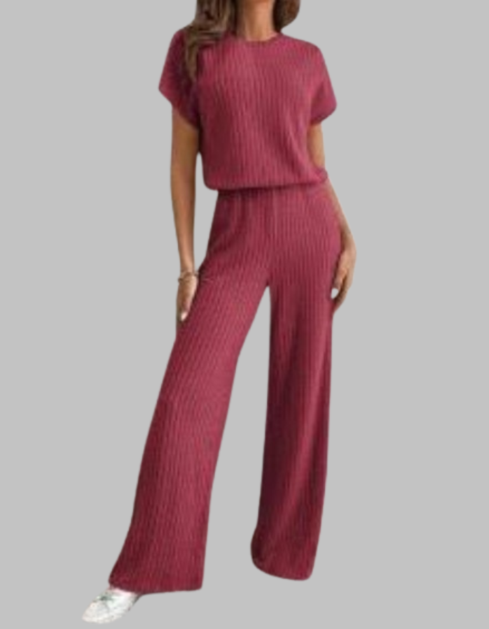 Ribbed Short Sleeve Wide-Leg Pants Set