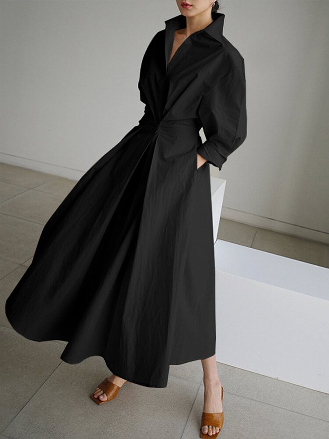 Vestido largo formal de mujer con cinturón y cuello tipo camisa para eventos especiales