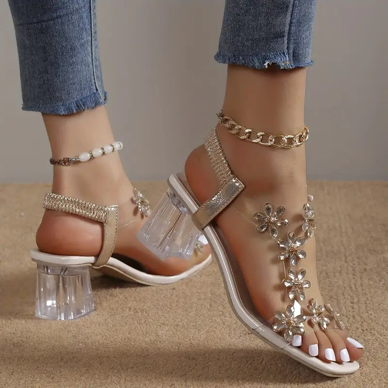 Rhinestone Block Heel Sandals