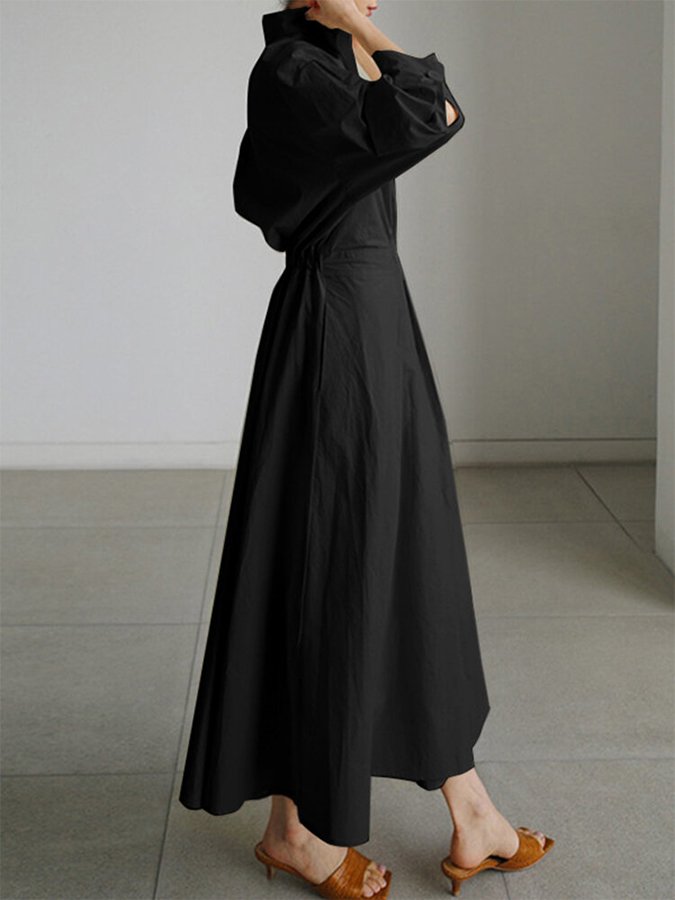 Vestido largo formal de mujer con cinturón y cuello tipo camisa para eventos especiales