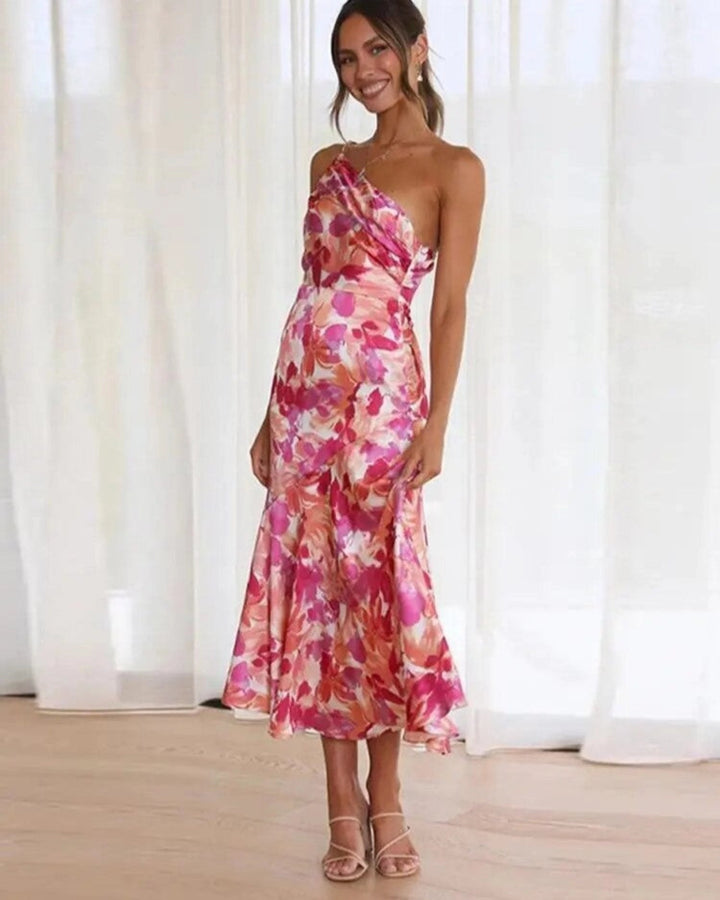 Vestido largo asimétrico con estampado floral