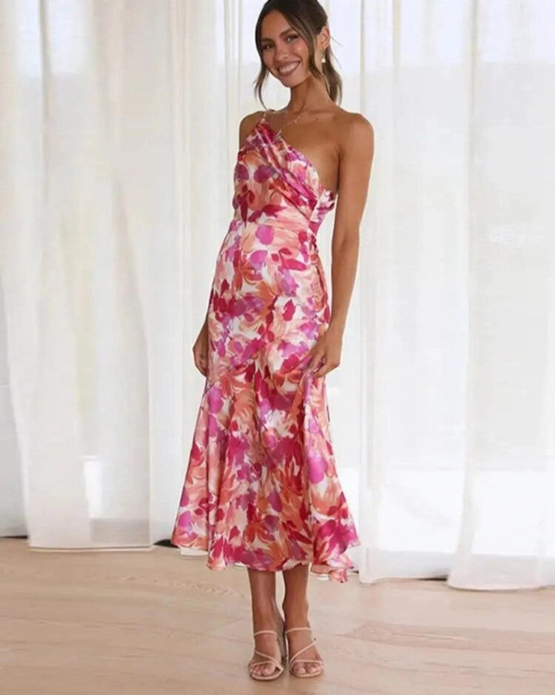 Floral Asymmetric Midi Dress for Elegant Occasions