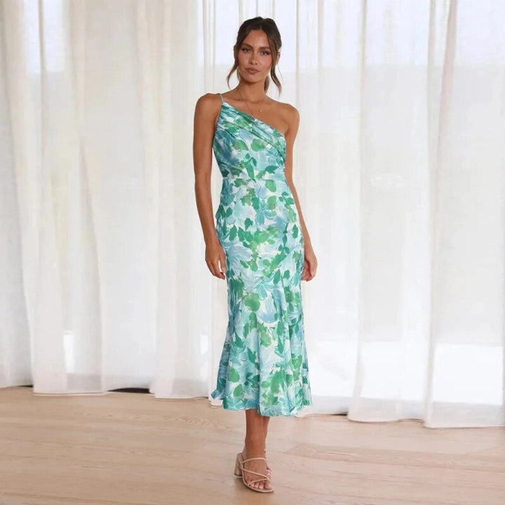 Vestido largo asimétrico con estampado floral