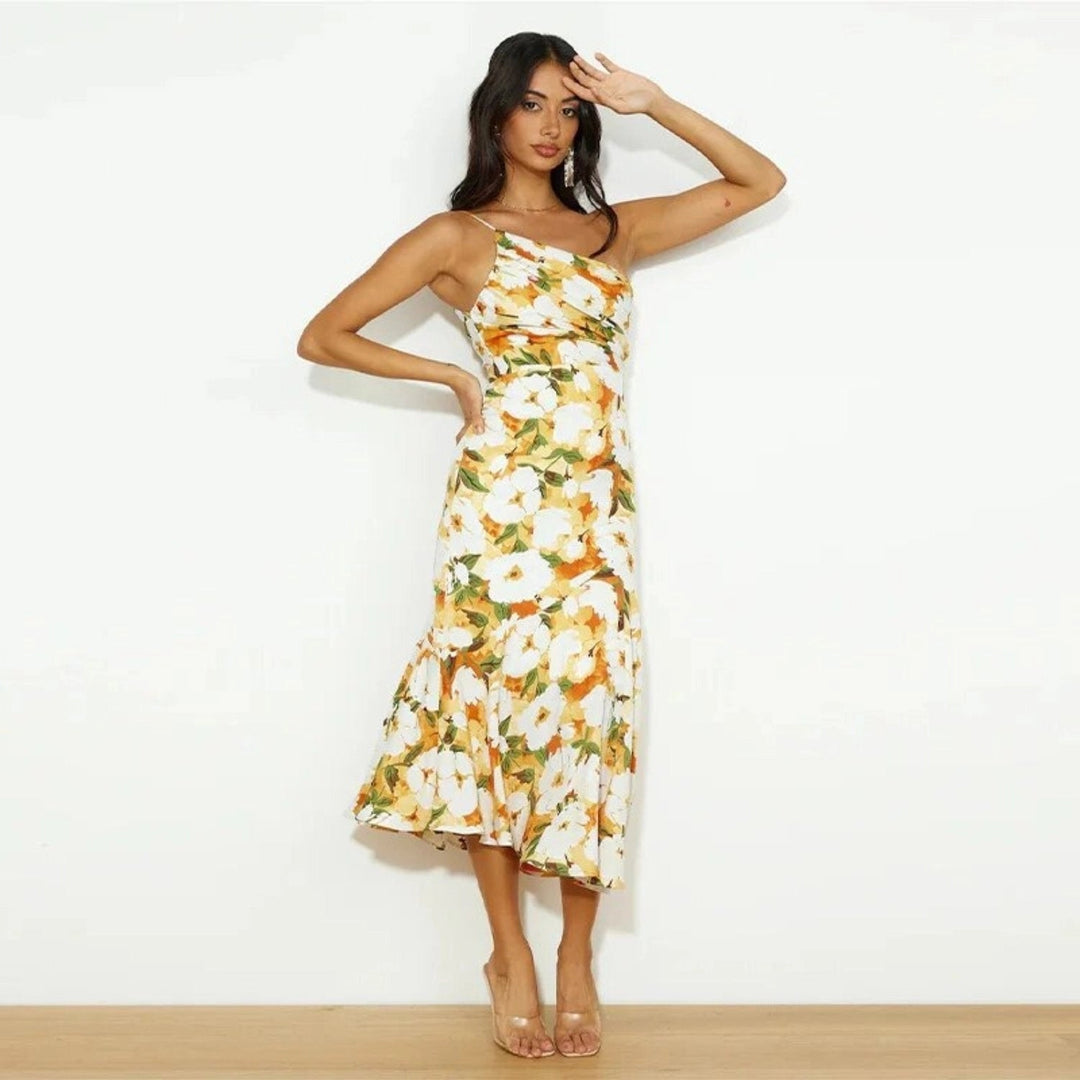 Vestido largo asimétrico con estampado floral