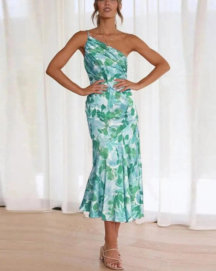 Vestido largo asimétrico con estampado floral