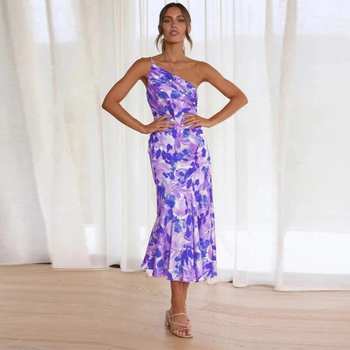 Vestido largo asimétrico con estampado floral