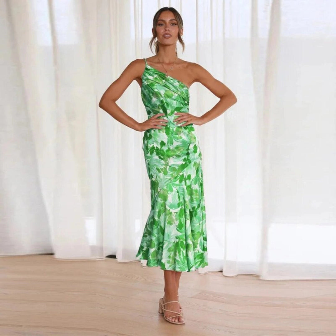 Vestido largo asimétrico con estampado floral