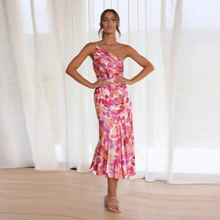 Vestido largo asimétrico con estampado floral
