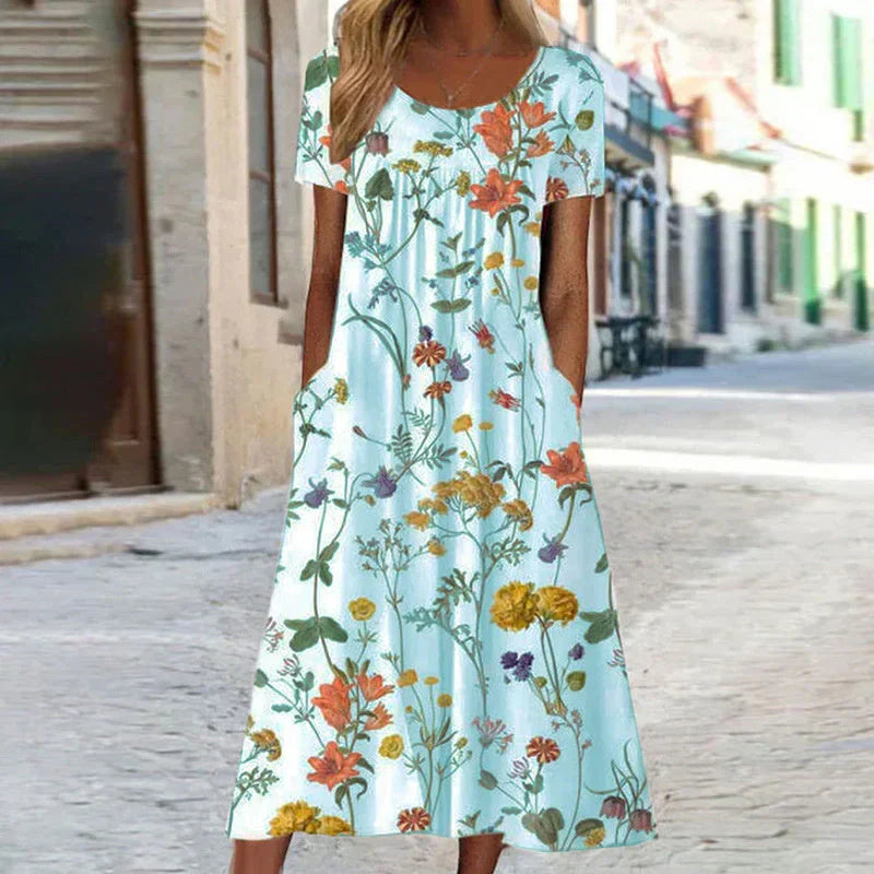 Women's Sunlit Bloom Floral Midi Dress with Flattering V-neckline
