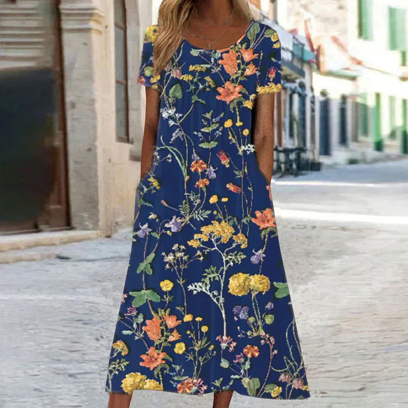 Women's Sunlit Bloom Floral Midi Dress with Flattering V-neckline