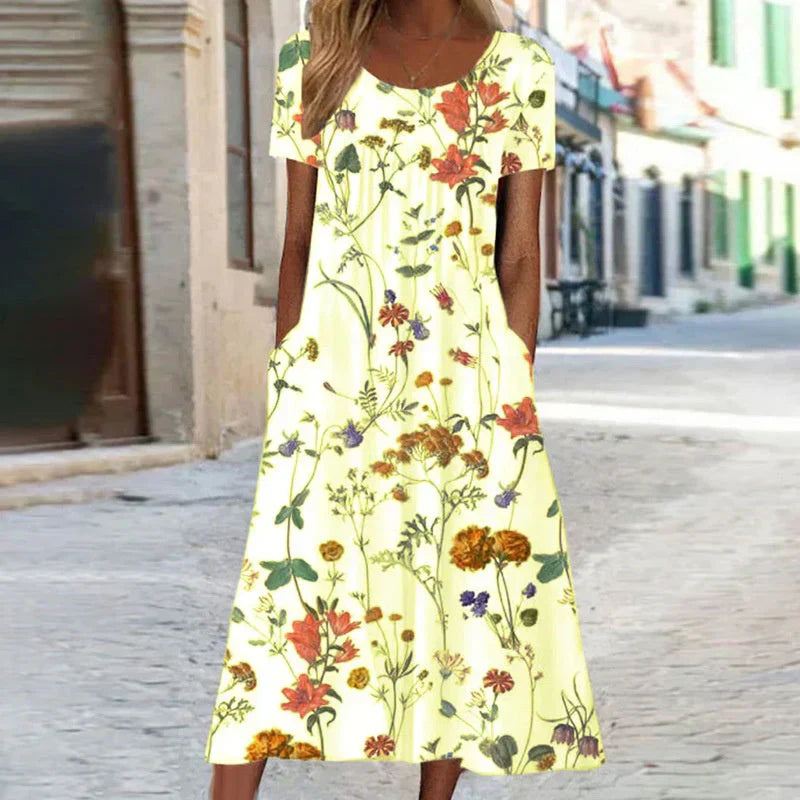 Women's Sunlit Bloom Floral Midi Dress with Flattering V-neckline