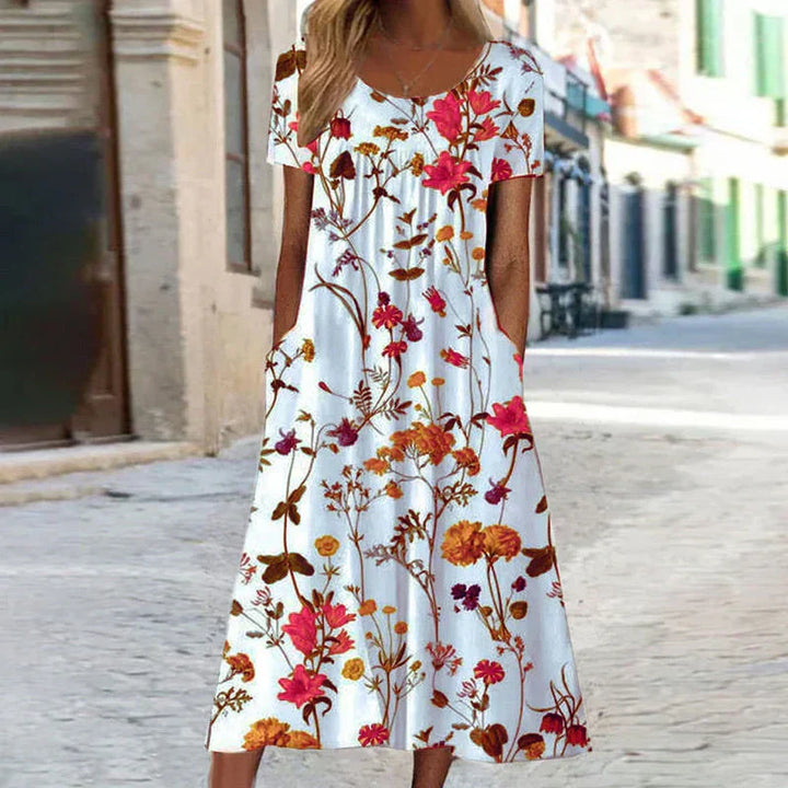Women's Sunlit Bloom Floral Midi Dress with Flattering V-neckline