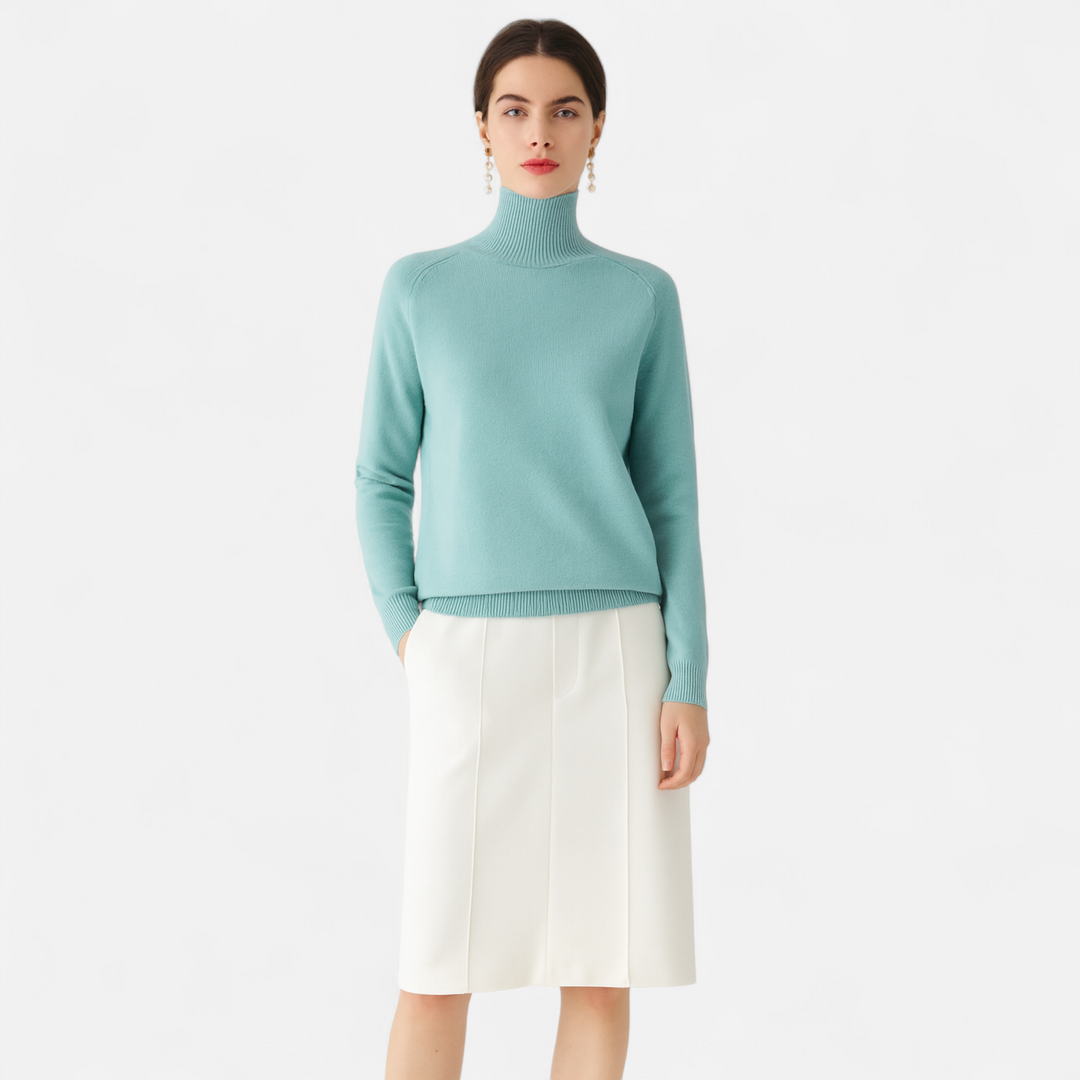 Women's Fashion Solid Coloured Merino Sweater with Mock-Neckline