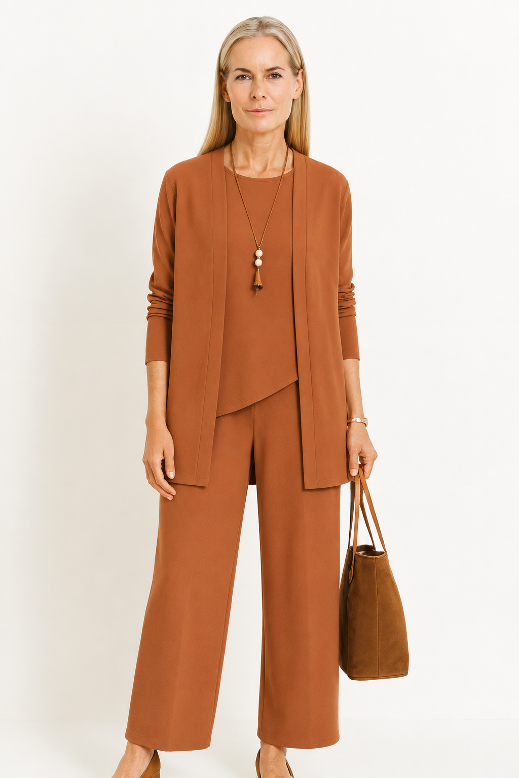Conjunto de tres piezas: cárdigan y pantalones de pierna ancha