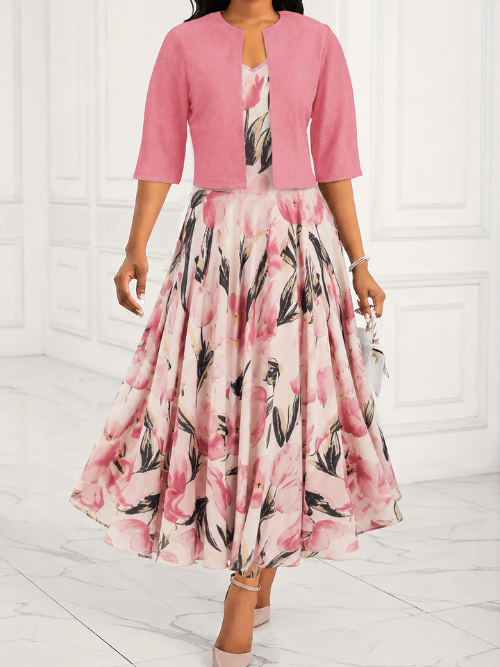 Conjunto de vestido maxi floral y chaqueta