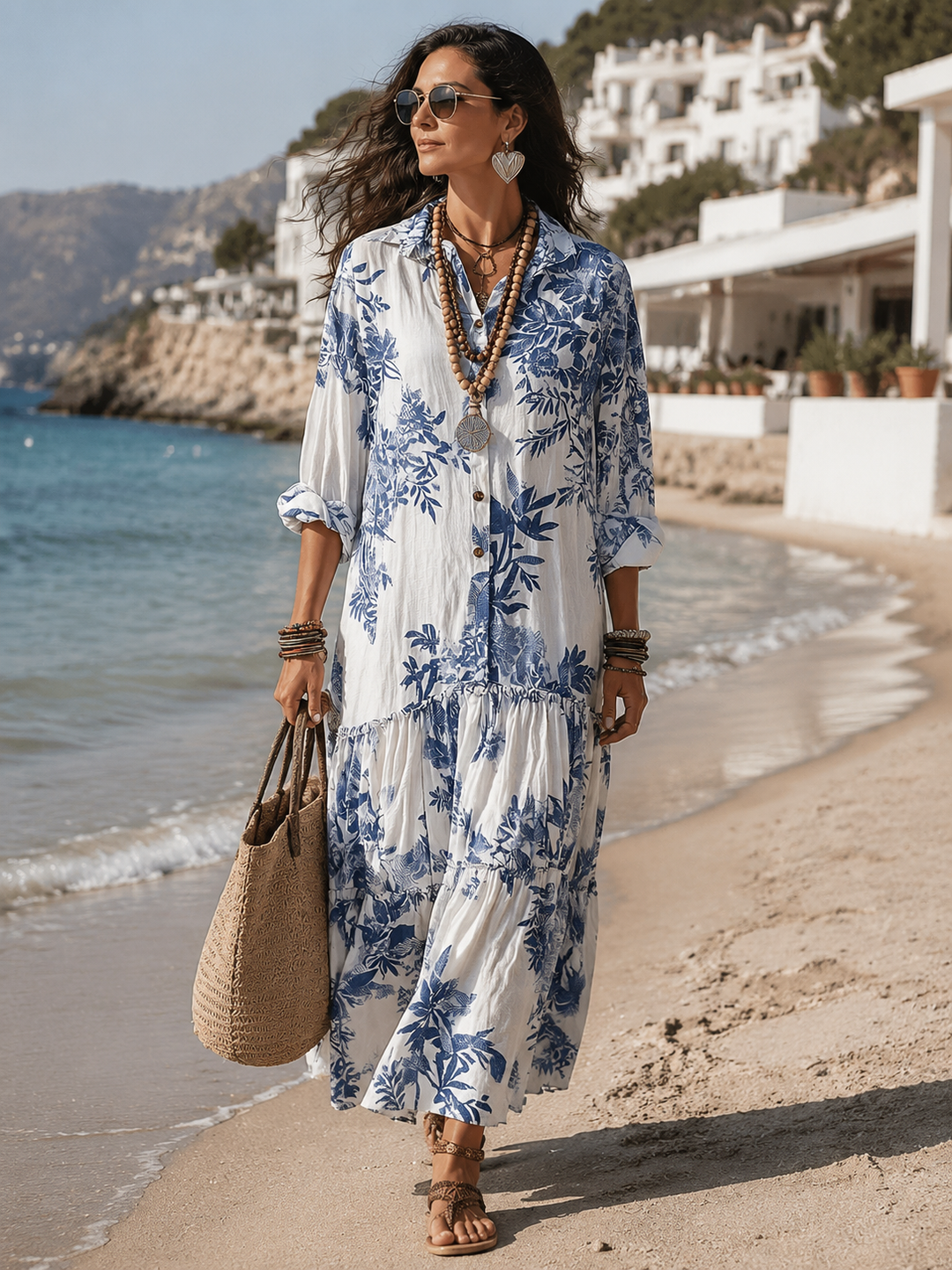 Vestido largo bohemio con volantes y estampado floral