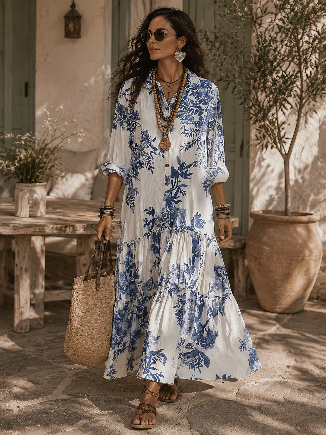 Vestido largo bohemio con volantes y estampado floral