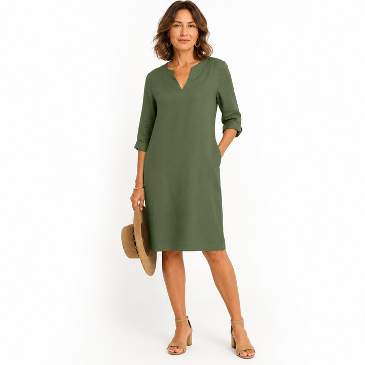 Vestido midi de lino con escote en V