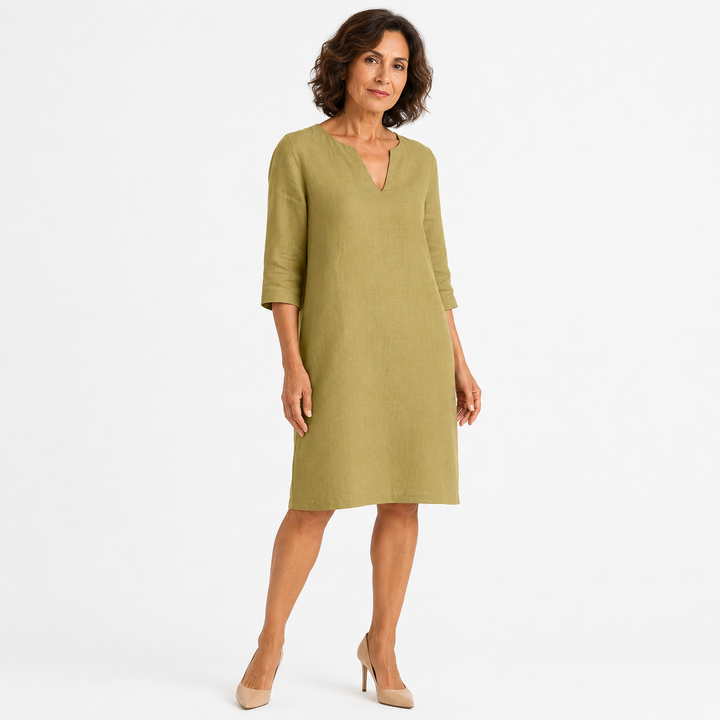 Vestido midi de lino con escote en V