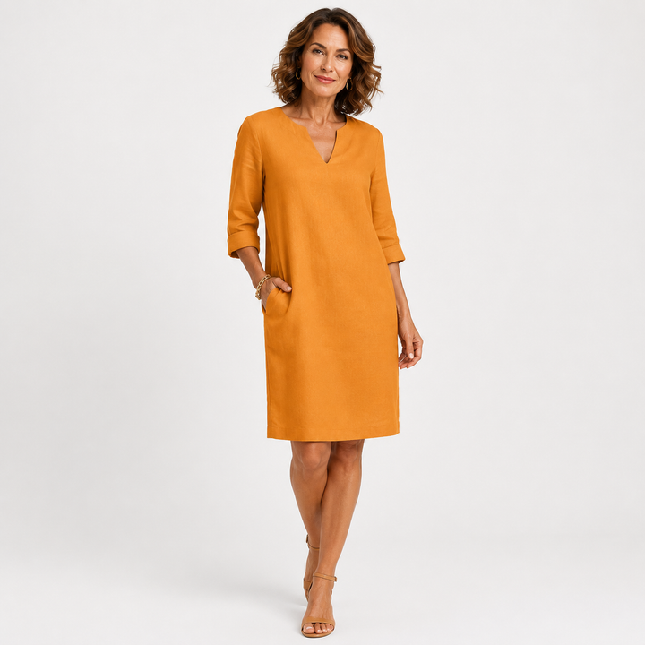 Vestido midi de lino con escote en V