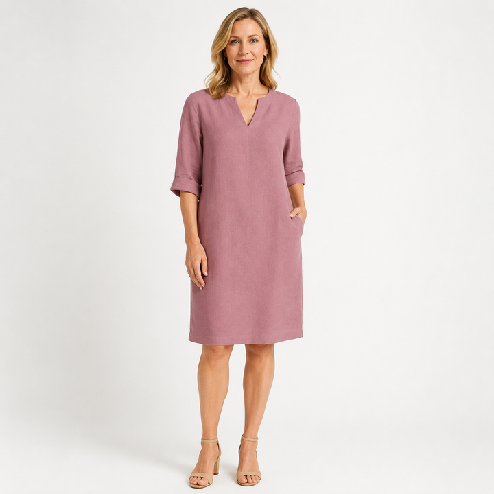 Vestido midi de lino con escote en V