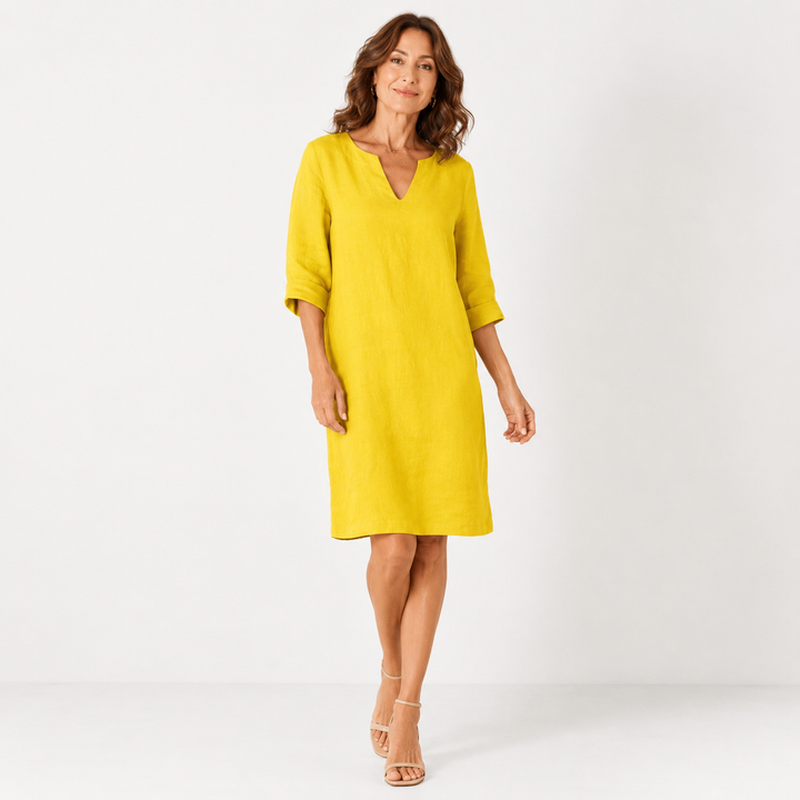 Vestido midi de lino con escote en V