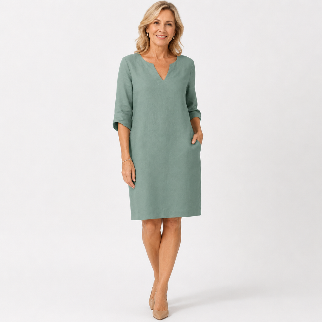 Vestido midi de lino con escote en V