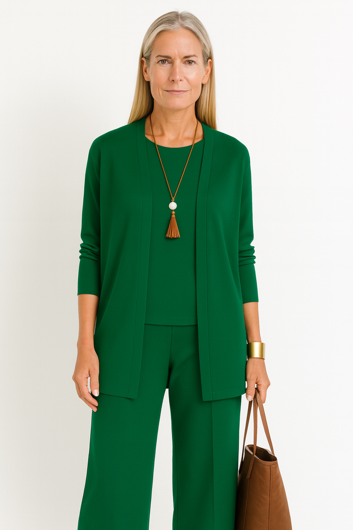 Conjunto de tres piezas: cárdigan y pantalones de pierna ancha