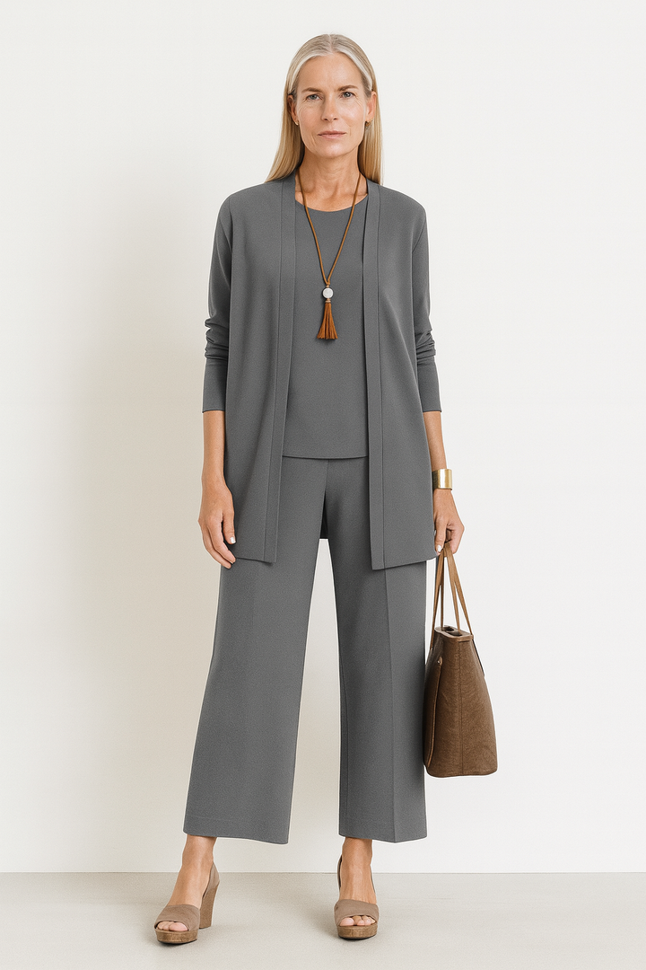 Conjunto de tres piezas: cárdigan y pantalones de pierna ancha