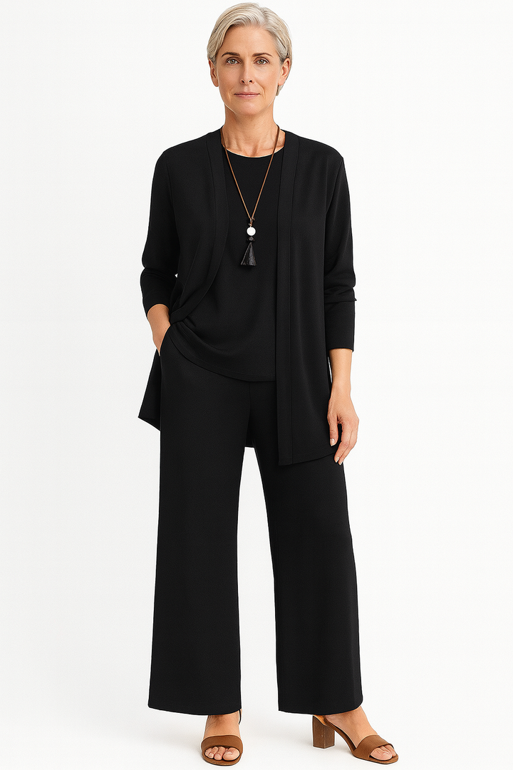 Conjunto de tres piezas: cárdigan y pantalones de pierna ancha
