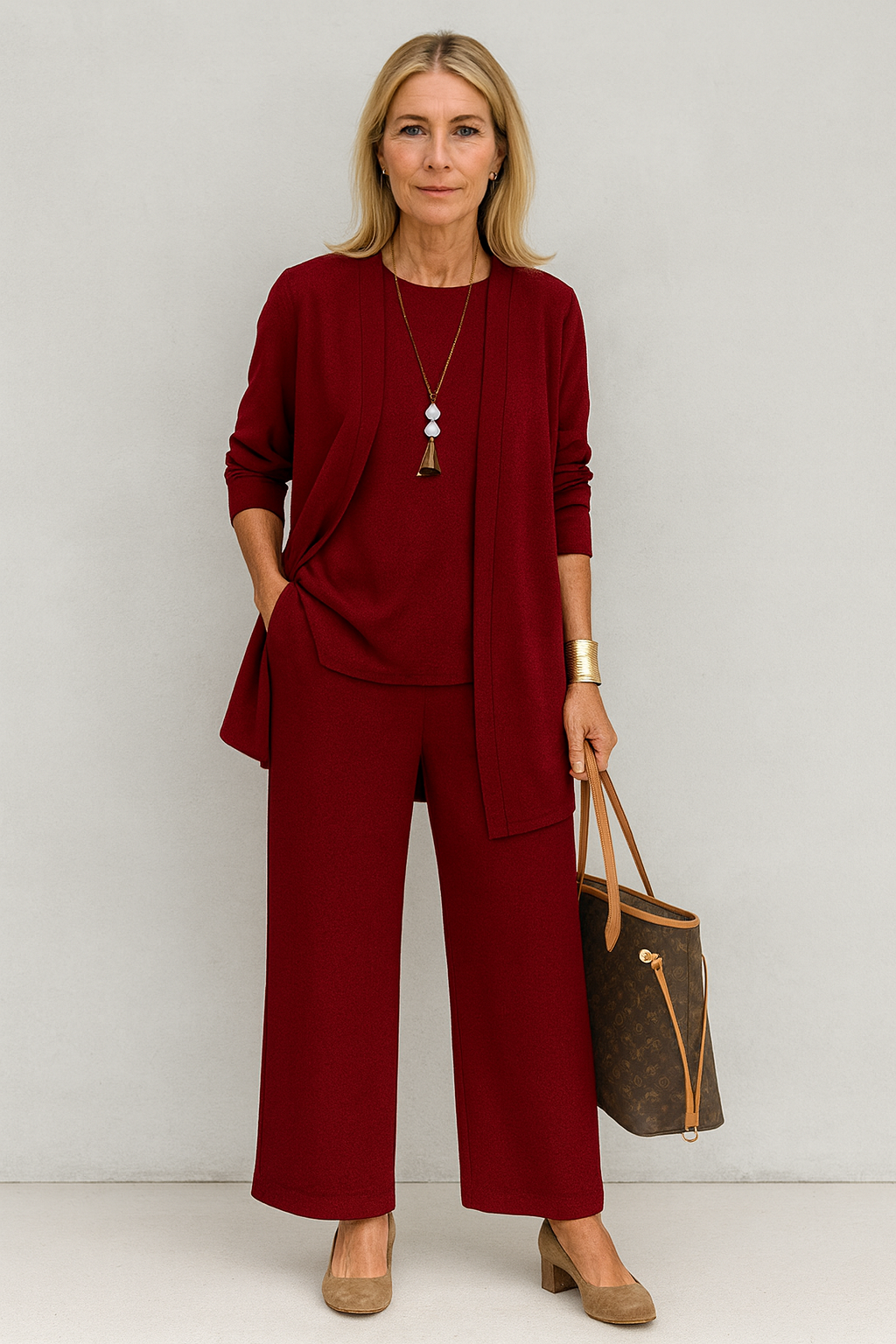 Conjunto de tres piezas: cárdigan y pantalones de pierna ancha