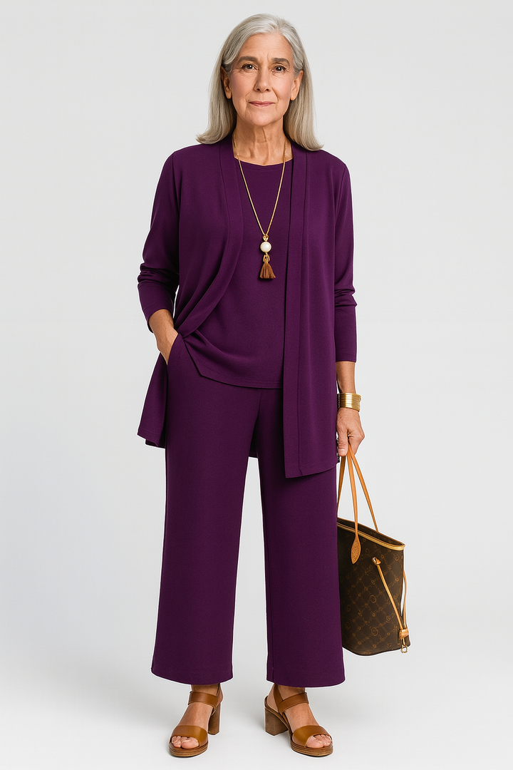 Conjunto de tres piezas: cárdigan y pantalones de pierna ancha