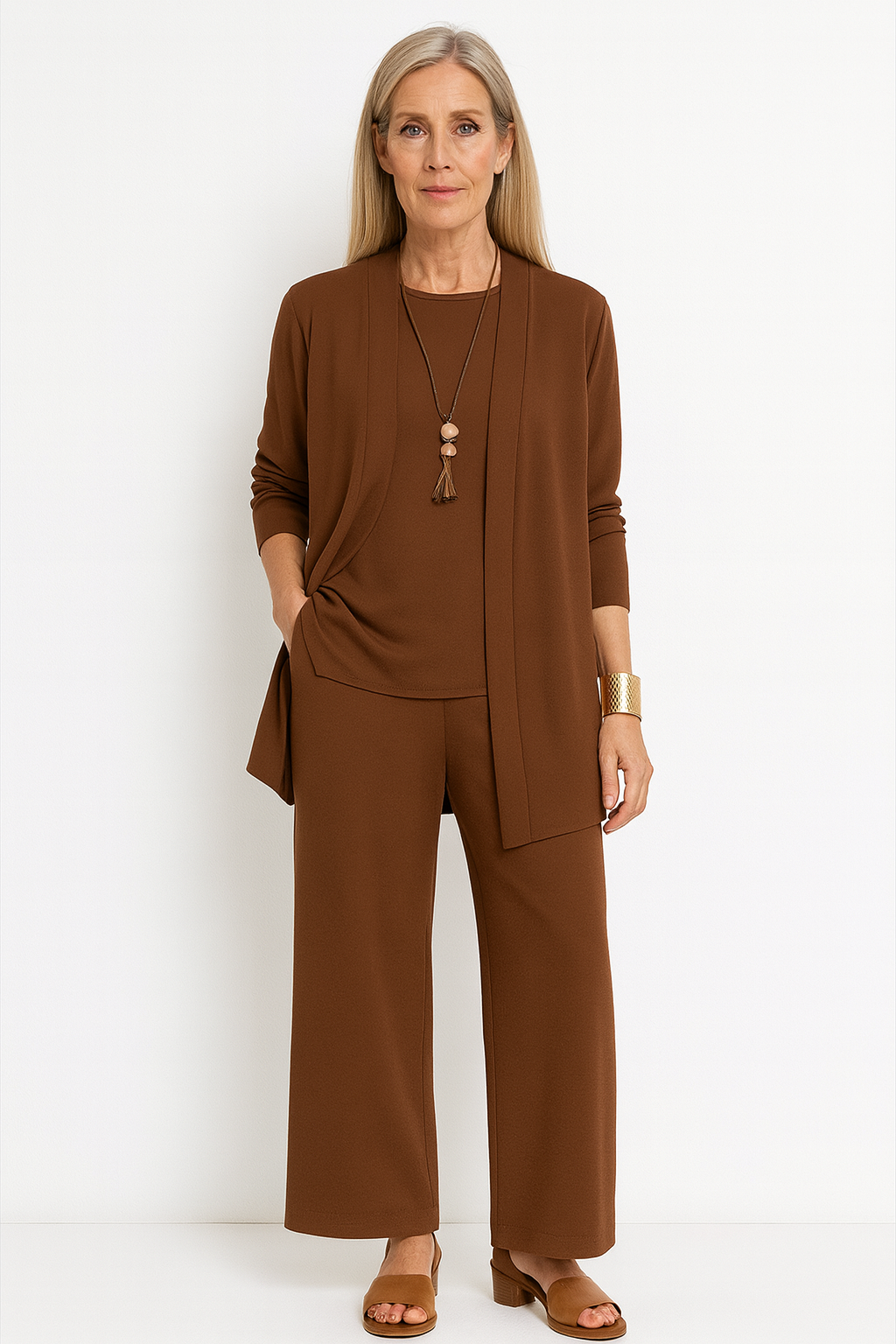 Conjunto de tres piezas: cárdigan y pantalones de pierna ancha