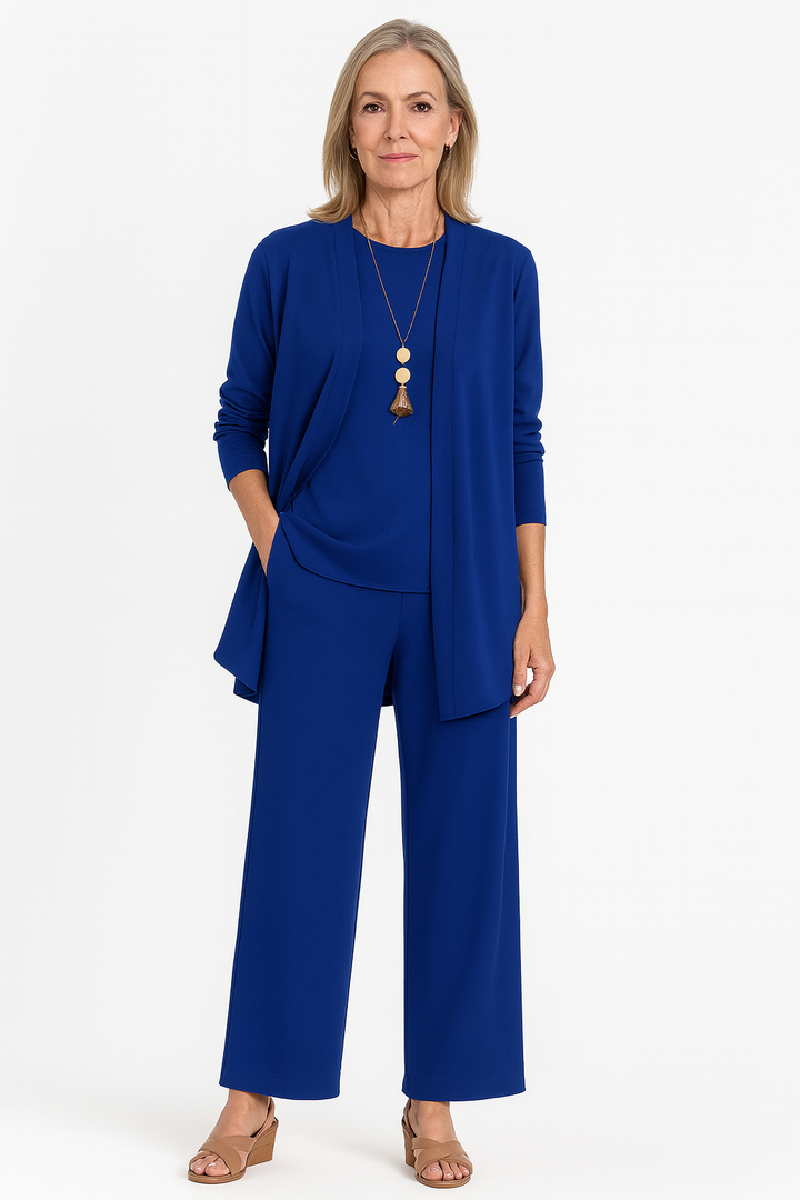 Conjunto de tres piezas: cárdigan y pantalones de pierna ancha