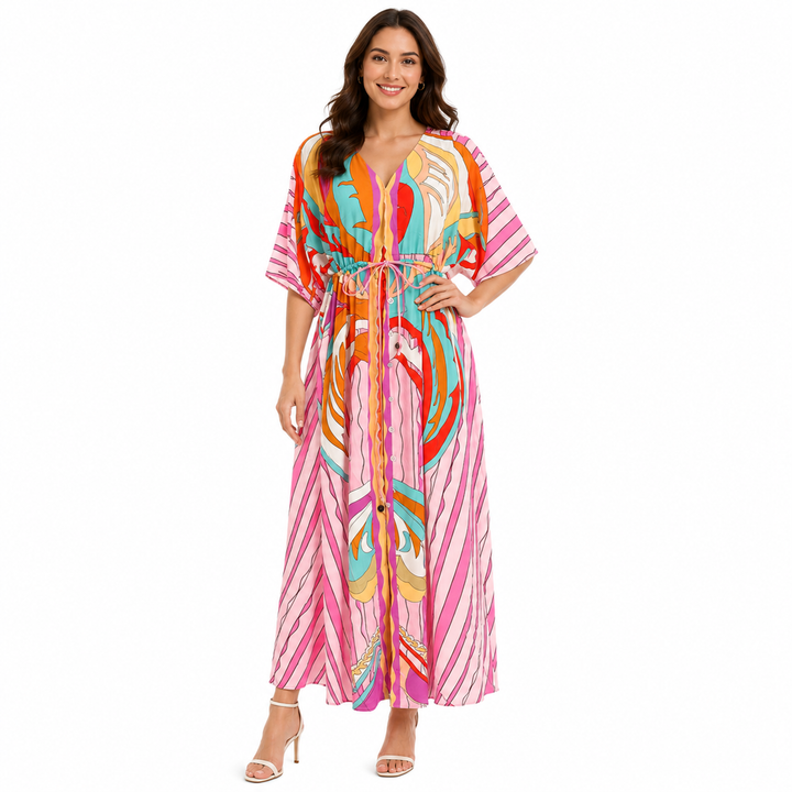 Vestido largo para mujer con estampado gráfico colorido, escote en V y mangas largas