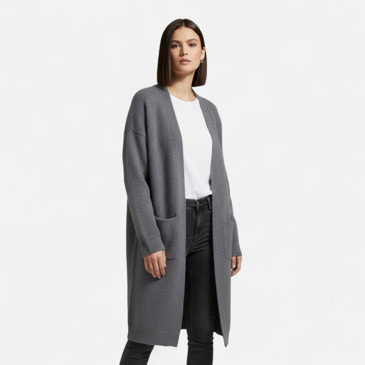 Women’s Warm V-Neckline Knitted Seasonal Long Cardigan with Functional Pockets