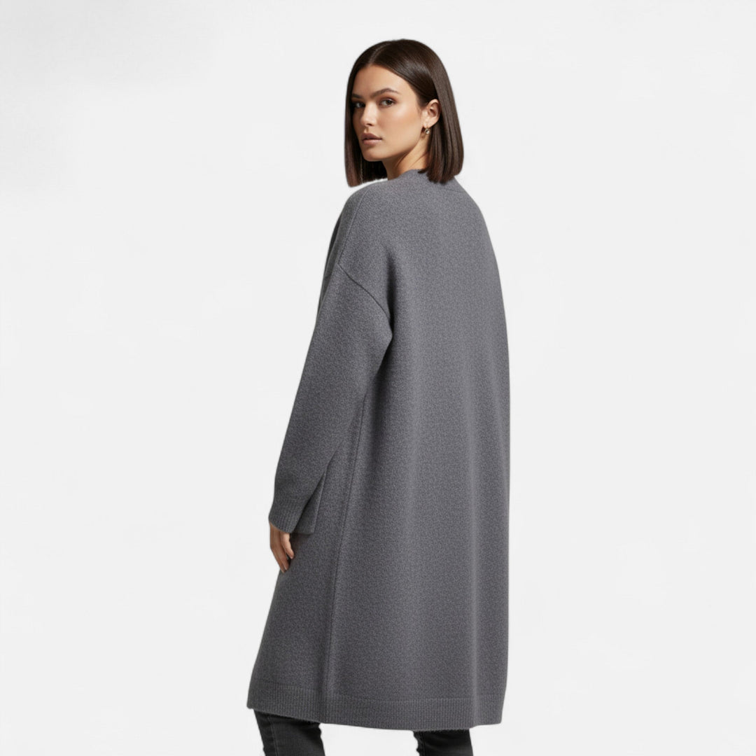 Women’s Warm V-Neckline Knitted Seasonal Long Cardigan with Functional Pockets