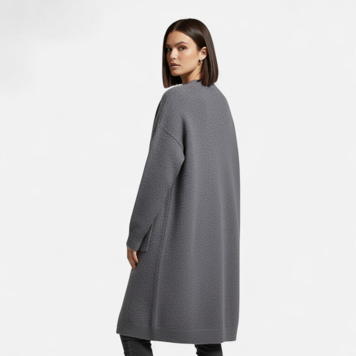 Women’s Warm V-Neckline Knitted Seasonal Long Cardigan with Functional Pockets