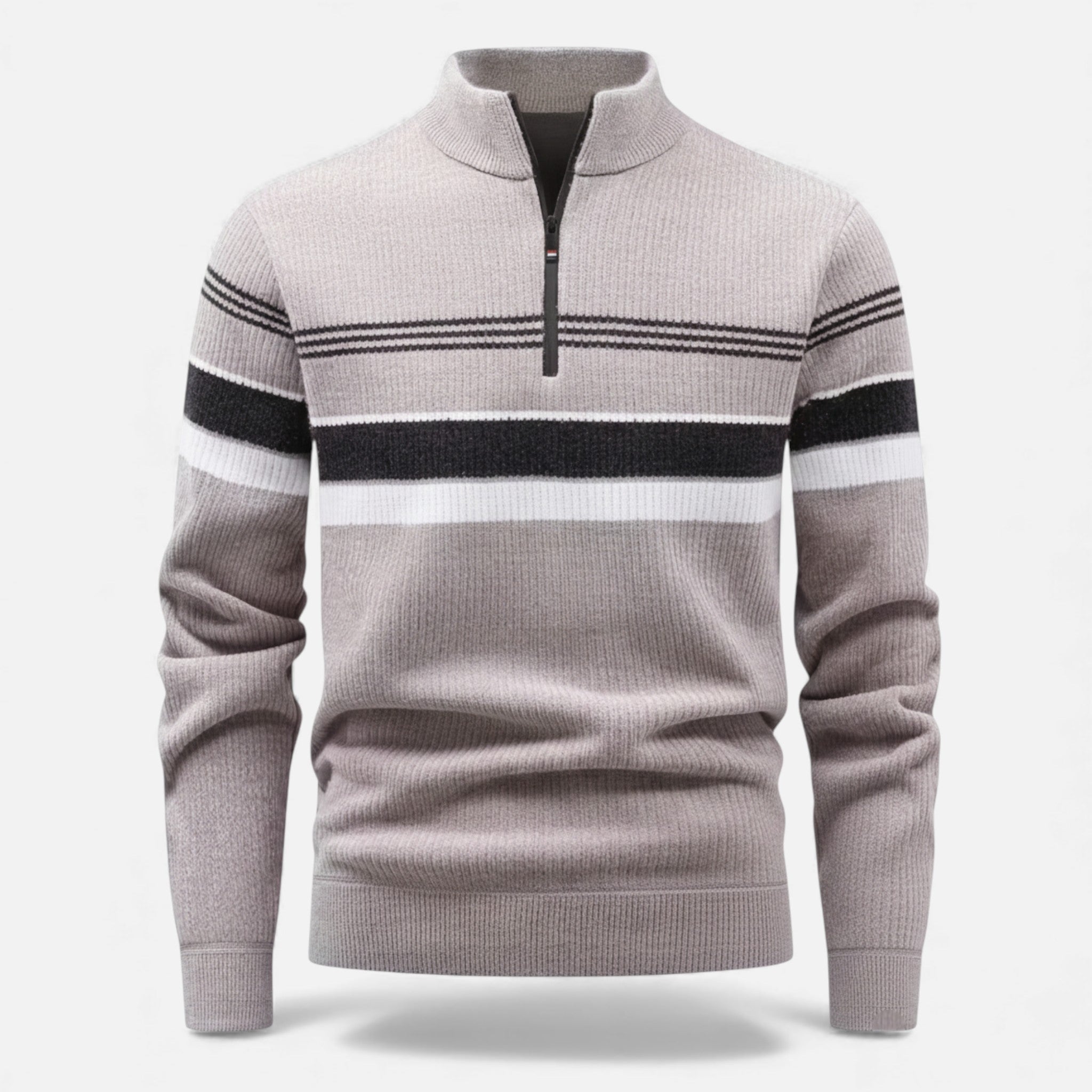 Maglione da uomo spesso a righe con mezza cerniera a maglia