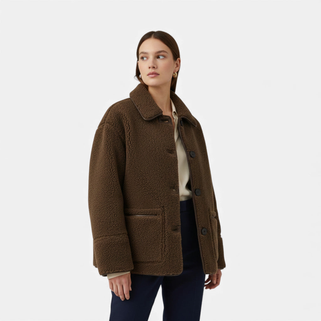 Giacca Teddy Marrone Reversibile da Donna con Colletto Risvoltato