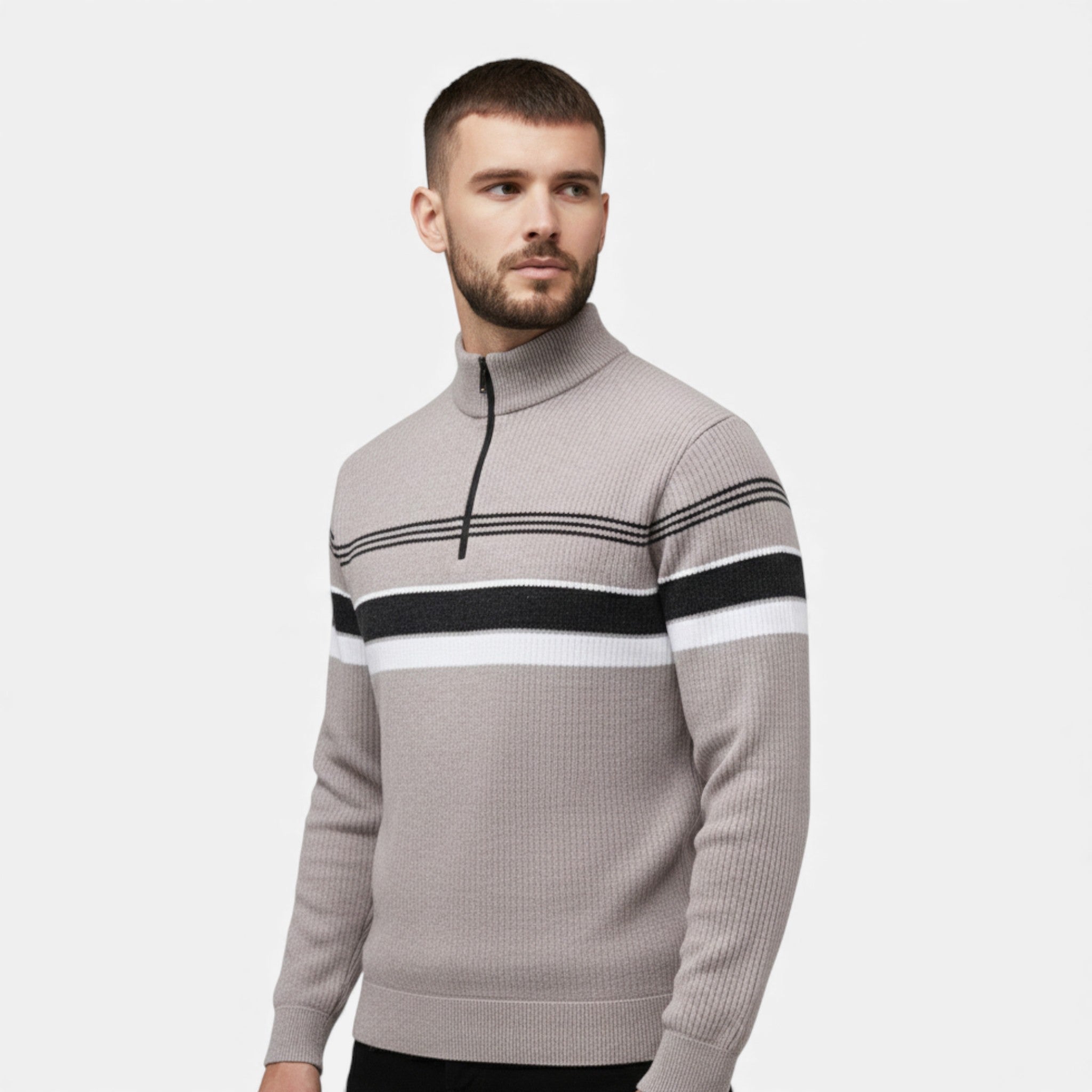 Maglione da uomo spesso a righe con mezza cerniera a maglia