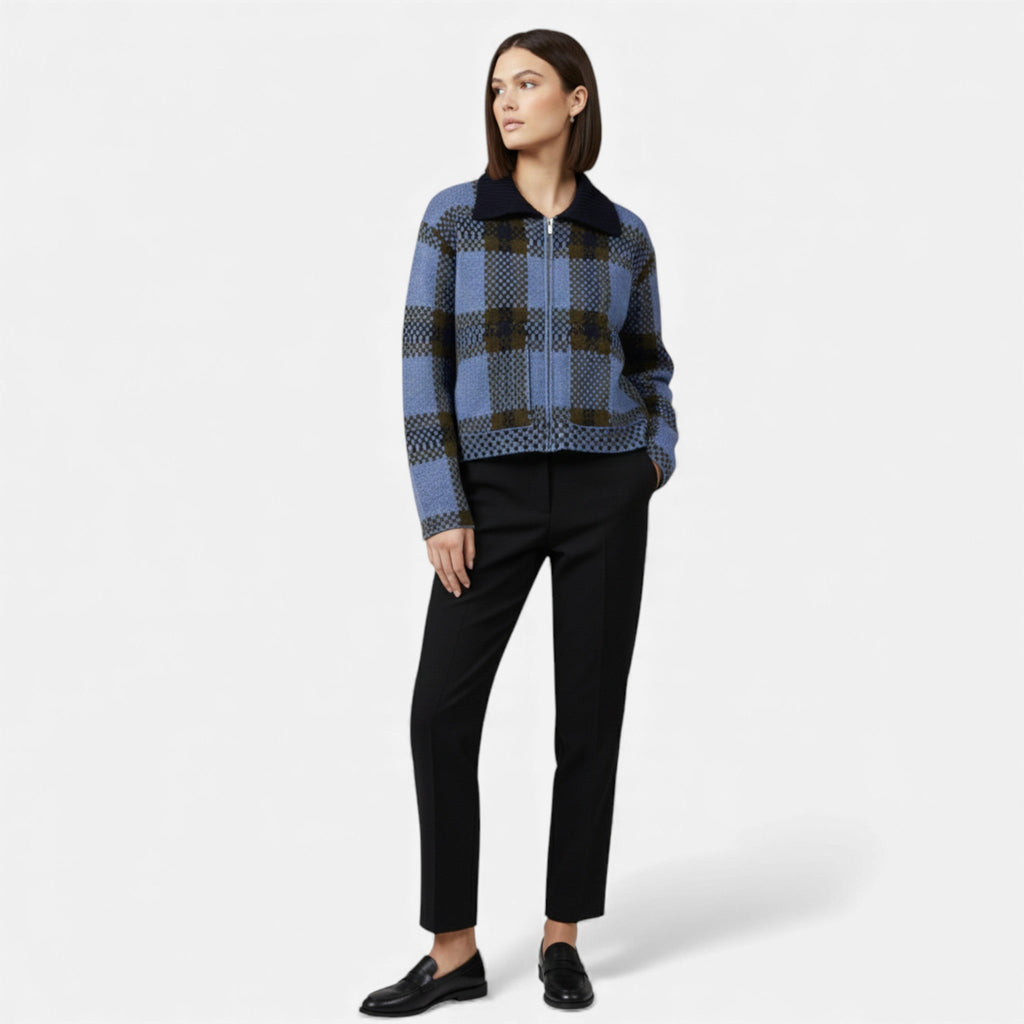 Chaqueta de punto con cremallera para mujer, de cuadros, con cuello vuelto